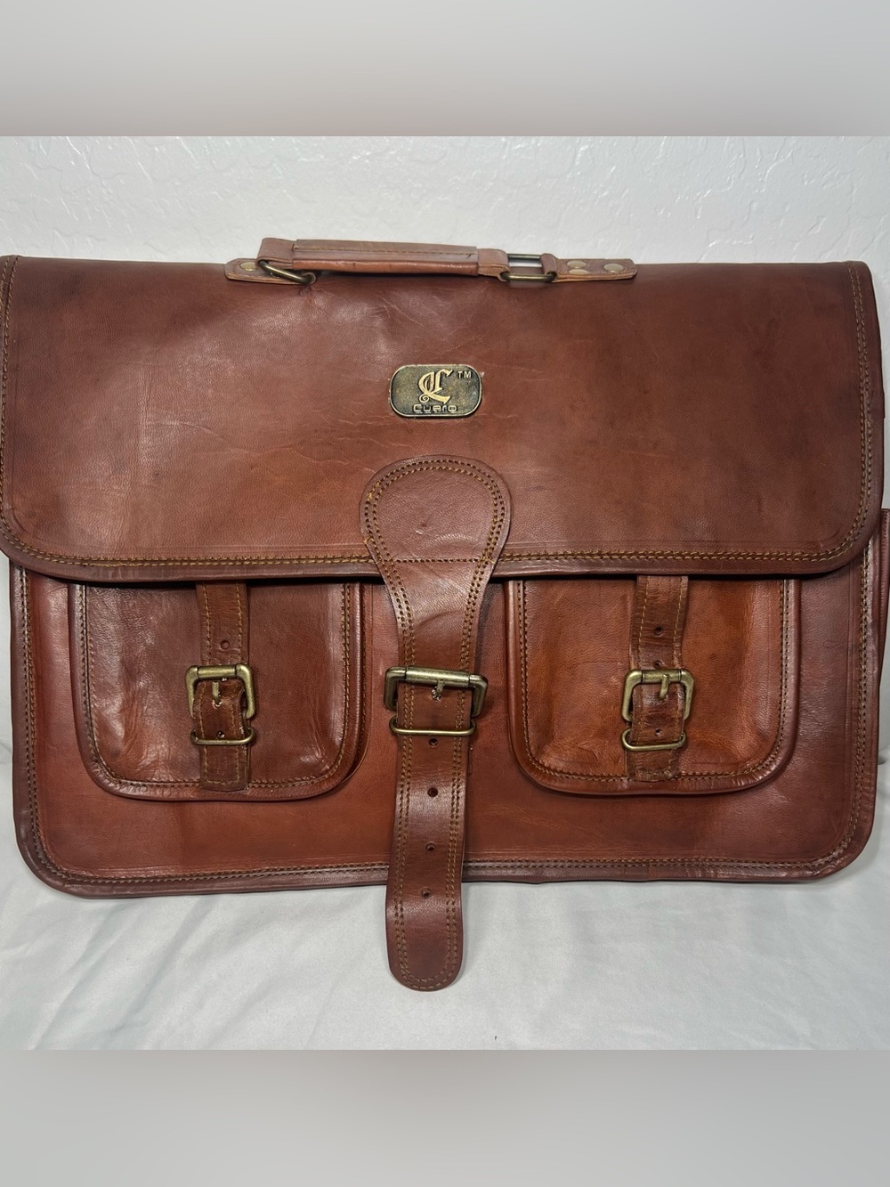 Cuero Genuine Leather Briefcase Messenger Laptop Bag Satchel Brown w/ Strap